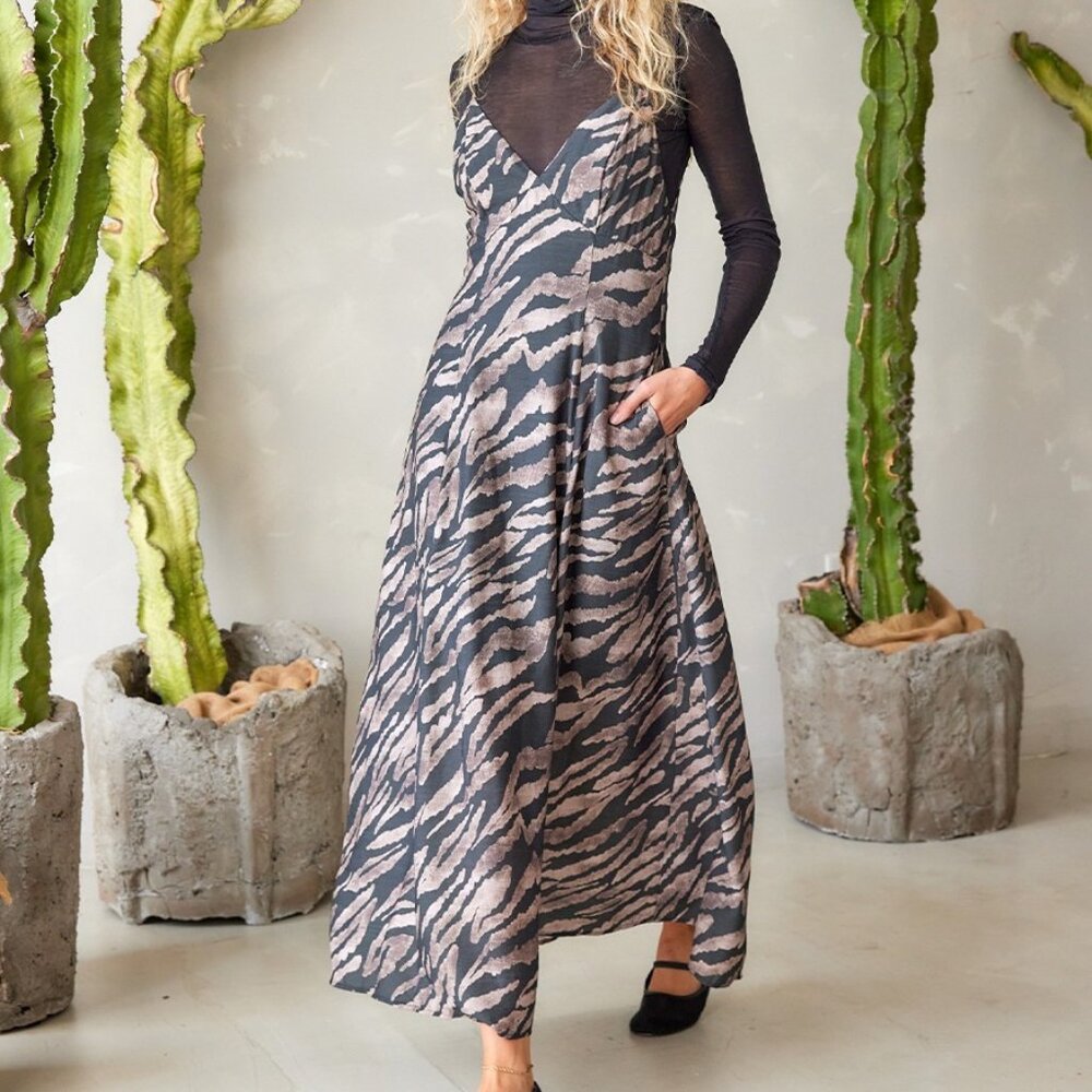 Sleeveless Animal Print Maxi — Tie Back, Lined, Pockets